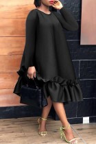 Черные повседневные однотонные платья в стиле пэчворк с круглым вырезом