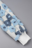 Blaue Oberbekleidung mit O-Ausschnitt und Blumen-Patchwork-Schnallenapplikationen