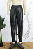 Pantalones casuales sólidos básicos ajustados cintura alta color sólido convencional