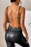 Green Sexy Patchwork Hollowed Out Backless Spaghetti Strap Tops
