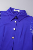 Patchwork casual blu royal con abiti a maniche lunghe con colletto rovesciato e cintura
