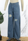 Jeans in denim regolari a vita alta con fessura strappata tinta unita casual blu medio