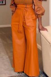 Pantalones sólidos de cuero de imitación para adultos casuales de moda marrón con parte inferior recta de cinturón