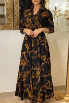 ブラック カジュアル プリント ベーシック ターンダウン カラー ロング ドレス ドレス