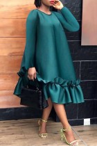 Vestidos de línea A con cuello en O informales de retazos lisos verde malaquita