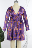 Robes violettes décontractées imprimées patchwork col en V plissées grande taille