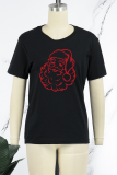 Schwarze Patchwork-T-Shirts mit O-Ausschnitt und Weihnachtsmann-Aufdruck im Street-Print