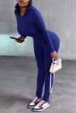 ブルー カジュアル ソリッド バックレス フード付き襟 スキニー ジャンプスーツ