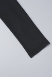 Schwarze, sexy, lässige, solide, durchsichtige Patchwork-Kleider mit O-Ausschnitt und langen Ärmeln