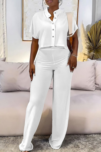 White Elegant Solid Patchwork Buckle O Neck Short Sleeve Two Pieces