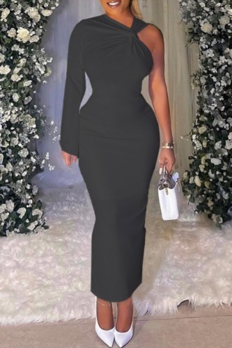 Black Casual Solid Slit Oblique Collar Long Dress Dresses
