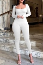 Macacão skinny branco sexy casual sólido sem costas com decote em U