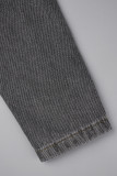 Giacca di jeans regolare a maniche lunghe con colletto rovesciato cardigan nero casual solido
