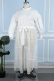 Branco Casual Sólido Patchwork Frenulum Turndown Collar Camisa Vestido Plus Size Vestidos