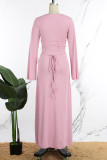 Khaki Casual Solid Patchwork U Neck Long Dress Dresses