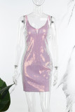Rosa Promi-Kleider mit Pailletten, Patchwork-Mesh, Spaghettiträger und Sling-Kleid