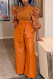 Pantalones de color sólido de pierna ancha de cintura alta sueltos de parches lisos informales marrón