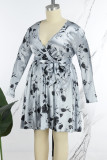 Light Gray Casual Print Patchwork V Neck Pleated Plus Size Dresses