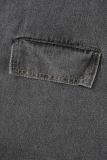 Black Casual Solid Cardigan Turndown Collar Long Sleeve Regular Denim Jacket