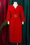 Dobra sólida elegante vermelha de retalhos com cinto V Neck A Line Vestidos