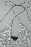 Серебряные сексуальные повседневные лоскутные повязки с блестками и открытой спиной, топы с лямкой на шее
