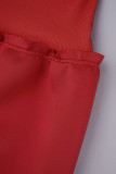 Vestido longo casual vermelho patchwork sólido com decote em bico
