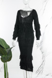Zwarte casual effen kwastjes O-hals jurken met lange mouwen