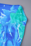 Blauwe sexy print patchwork rugloze strapless wikkelrokjurken