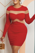 Rode sexy casual effen patchwork doorzichtige jurken met O-hals en lange mouwen