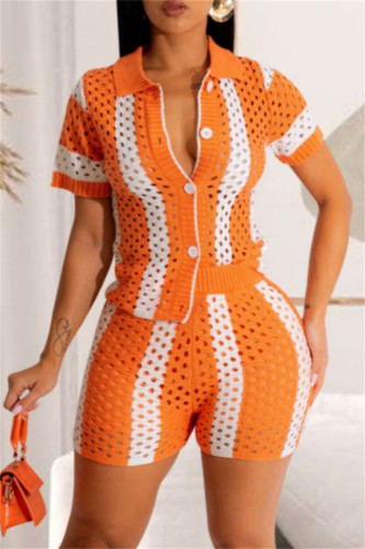 Orange Casual Patchwork Contrast Turndown Collar Short Sleeve Two Pieces