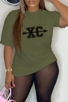 Army Green Daily Vintage Print Patchwork Letter O Neck T-Shirts