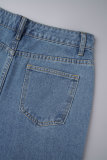 Medium Blue Casual Solid Slit High Waist Regular Fly Ripped Detail Split Thigh Wide Leg Denim Jeans