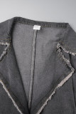 Black Casual Solid Cardigan Turndown Collar Long Sleeve Regular Distressed Denim Jacket Denim Coat Jeans Fringe