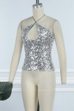 Silver Sexy Casual Patchwork Bandage Sequins Backless Halter Tops