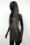 Zwarte sexy strass doorzichtige rugloze mouwloze jurk met V-hals
