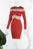Red Sexy Casual Solid Patchwork See-through O Neck Long Sleeve Dresses