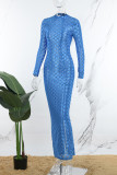 Синее сексуальное повседневное однотонное длинное платье с половиной водолазки