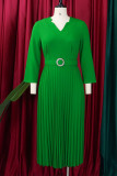 Dobra sólida elegante verde em patchwork com cinto e decote em V vestidos linha A