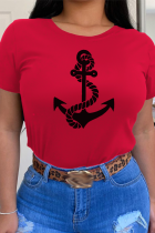 Rote lässige Patchwork-T-Shirts mit O-Ausschnitt und Straßendruck
