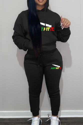 Black Sportwear Casual Letter Print Hooded Collar Long Sleeve Sweatshirt And Draw String Pants Two Pieces Sweatsuit Sets