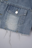 Jaqueta jeans azul casual sólida patchwork com gola aberta e manga comprida