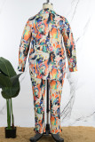 Yellow Casual Print Patchwork Turndown Collar Plus Size Two Pieces