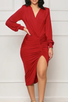 Rote, sexy, solide Patchwork-Kleider mit hoher Öffnung und Falten, V-Ausschnitt und langen Ärmeln