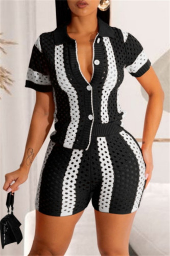 Black Casual Patchwork Contrast Turndown Collar Short Sleeve Two Pieces