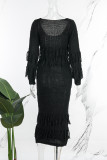 Zwarte casual effen kwastjes O-hals jurken met lange mouwen