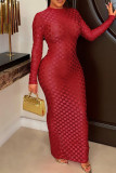 Rose Red Sexy Casual Solid Color Half A Turtleneck Long Dress