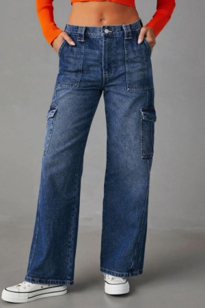 Blue Casual High Waist Straight Cargo Denim Jeans