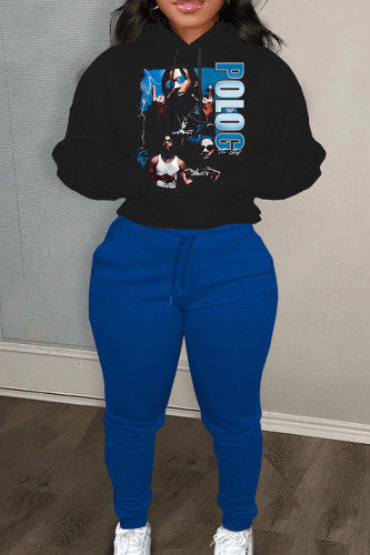 Blue Black Sportwear Casual Graphics Print Hooded Collar Long Sleeve Sweatshirt And Draw String Pants Two Pieces Sweatsuit Sets
