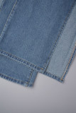 Mittelblaue, lässige, einfarbige, zerrissene, geschlitzte, normale Denim-Jeans mit hoher Taille