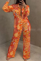 Camicia con bottoni stampati casual arancioni colletto a maniche lunghe in due pezzi